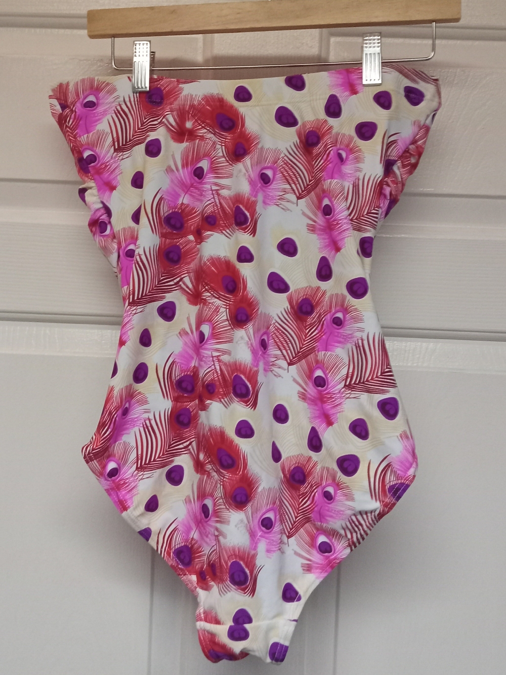 Strapless One-Piece Swimsuit in Pink & Purple Peacock Print